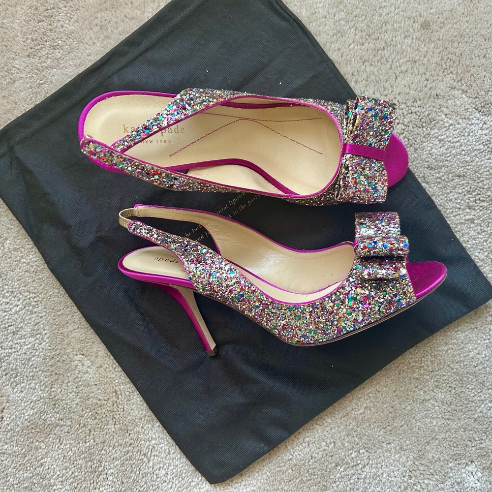 NEW Kate Spade NY Charmed Peep-toe Slingbacks Satin Pink & Glitter Size 10